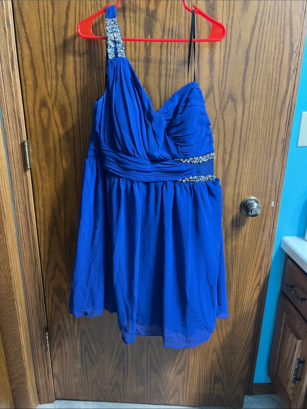 City Triangles Royal Blue One-Shoulder Chiffon Dress with Crystal Accents